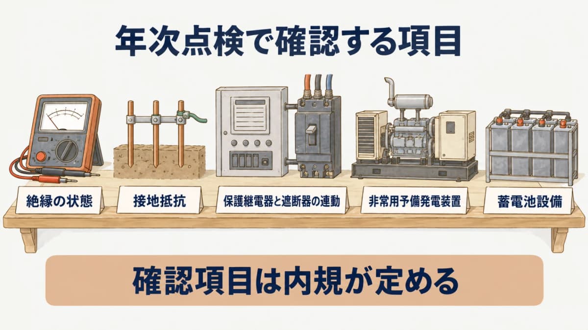 年次点検で確認する項目:絶縁の状態、接地抵抗、保護継電器と遮断器の連動、非常用予備発電装置、蓄電池設備