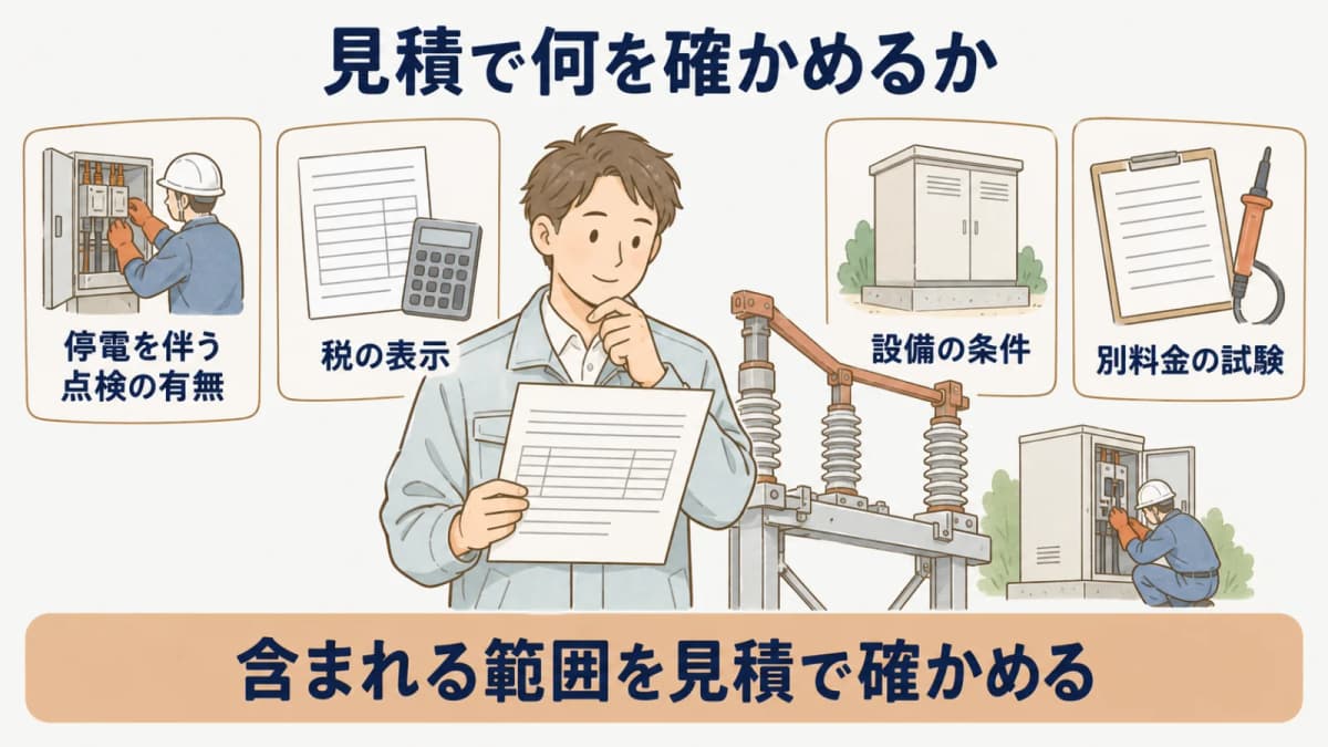 見積で何を確かめるか:停電を伴う点検の有無、税の表示、設備の条件、別料金の試験