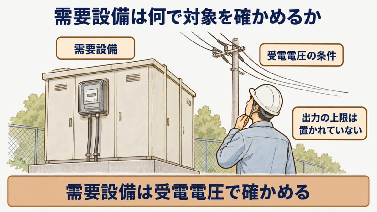 需要設備は何で対象を確かめるか:需要設備、受電電圧の条件、出力の上限は置かれていない