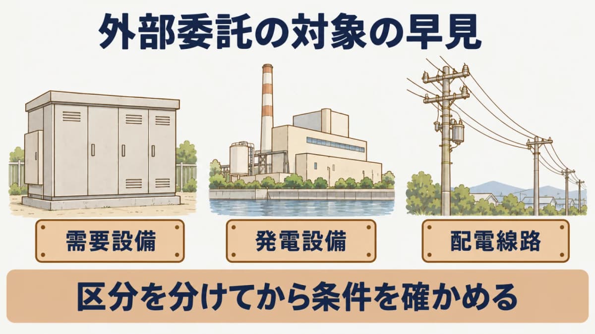 外部委託の対象の早見:需要設備、発電設備、配電線路