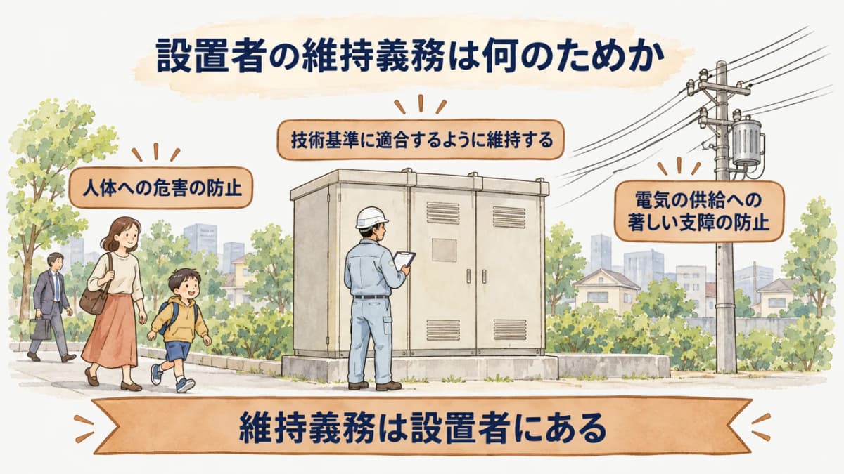 設置者の維持義務は何のためか:技術基準に適合するように維持する、人体への危害の防止、電気の供給への著しい支障の防止