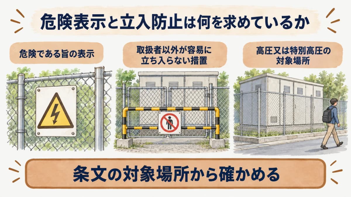危険表示と立入防止は何を求めているか:危険である旨の表示、取扱者以外が容易に立ち入らない措置、高圧又は特別高圧の対象場所