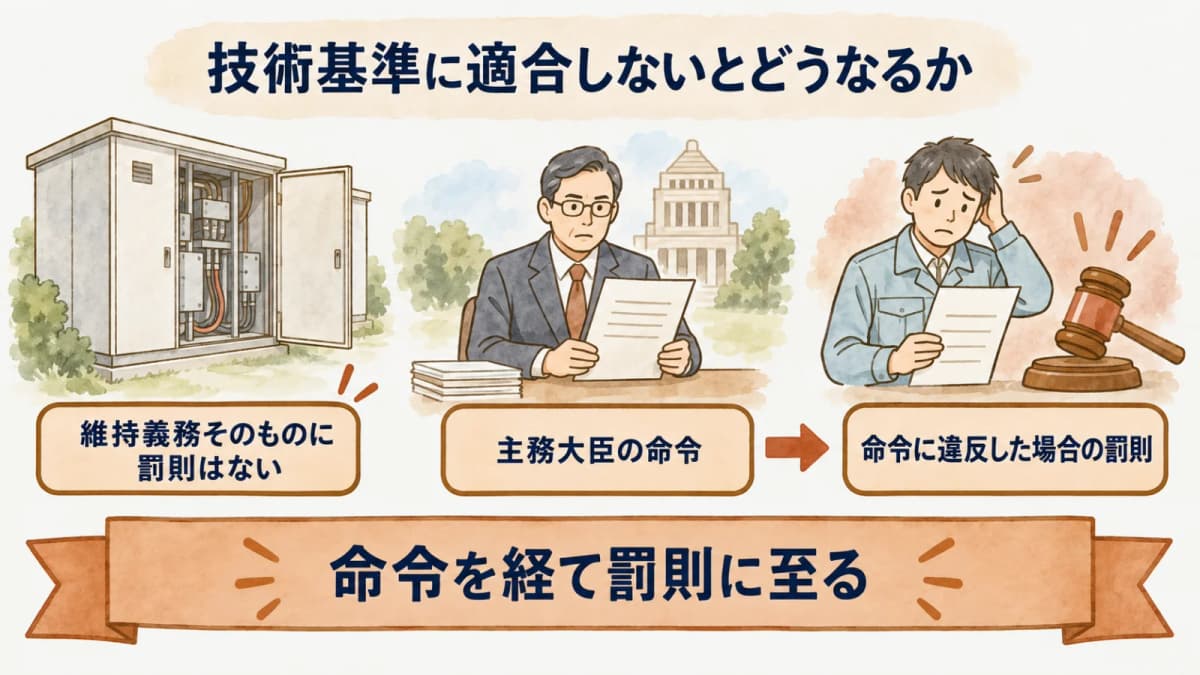 技術基準に適合しないとどうなるか:維持義務そのものに罰則はない、主務大臣の命令、命令に違反した場合の罰則