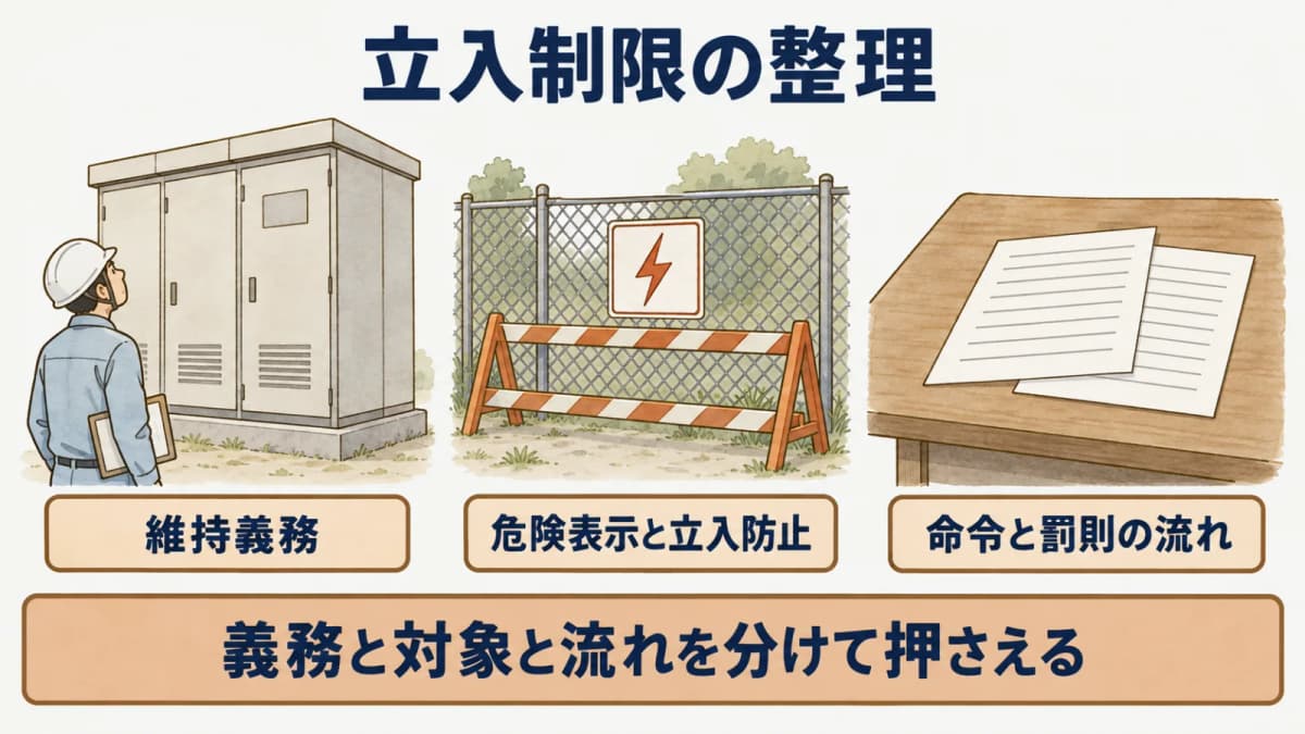 立入制限の整理:維持義務、危険表示と立入防止、命令と罰則の流れ