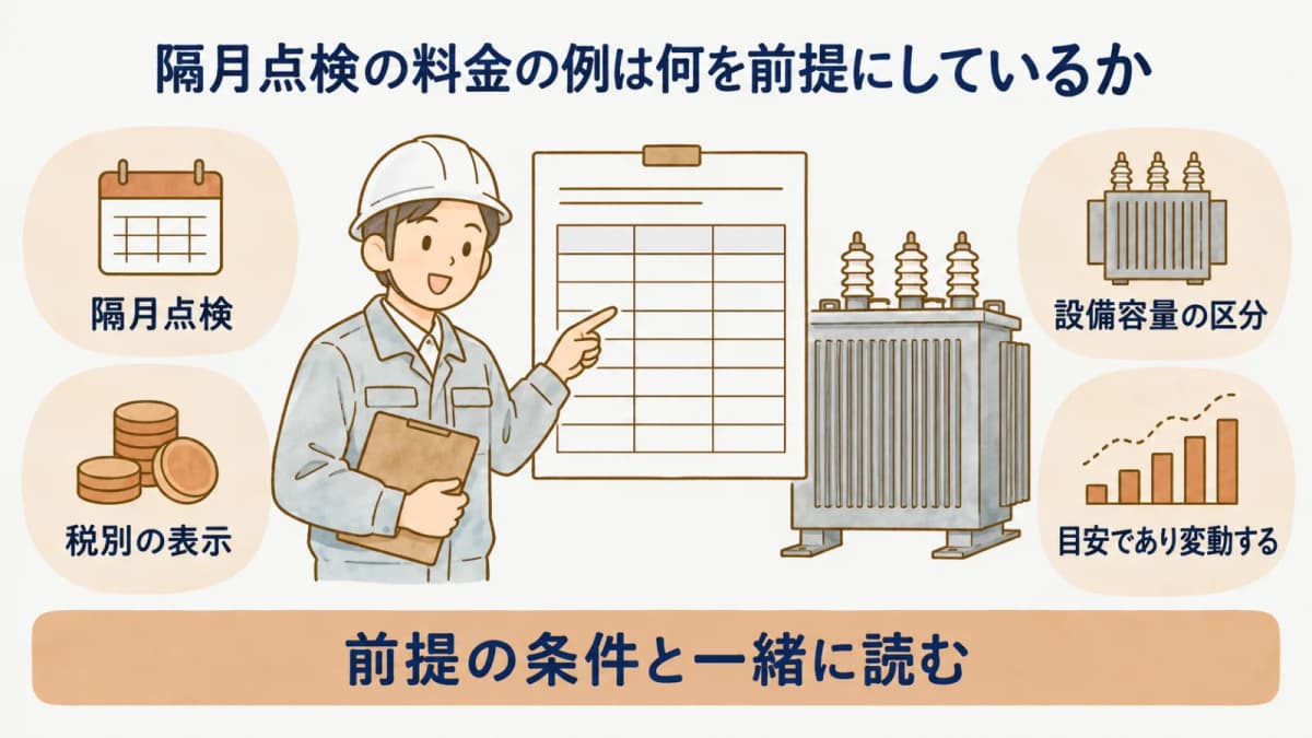 隔月点検の料金の例は何を前提にしているか:隔月点検、税別の表示、設備容量の区分、目安であり変動する
