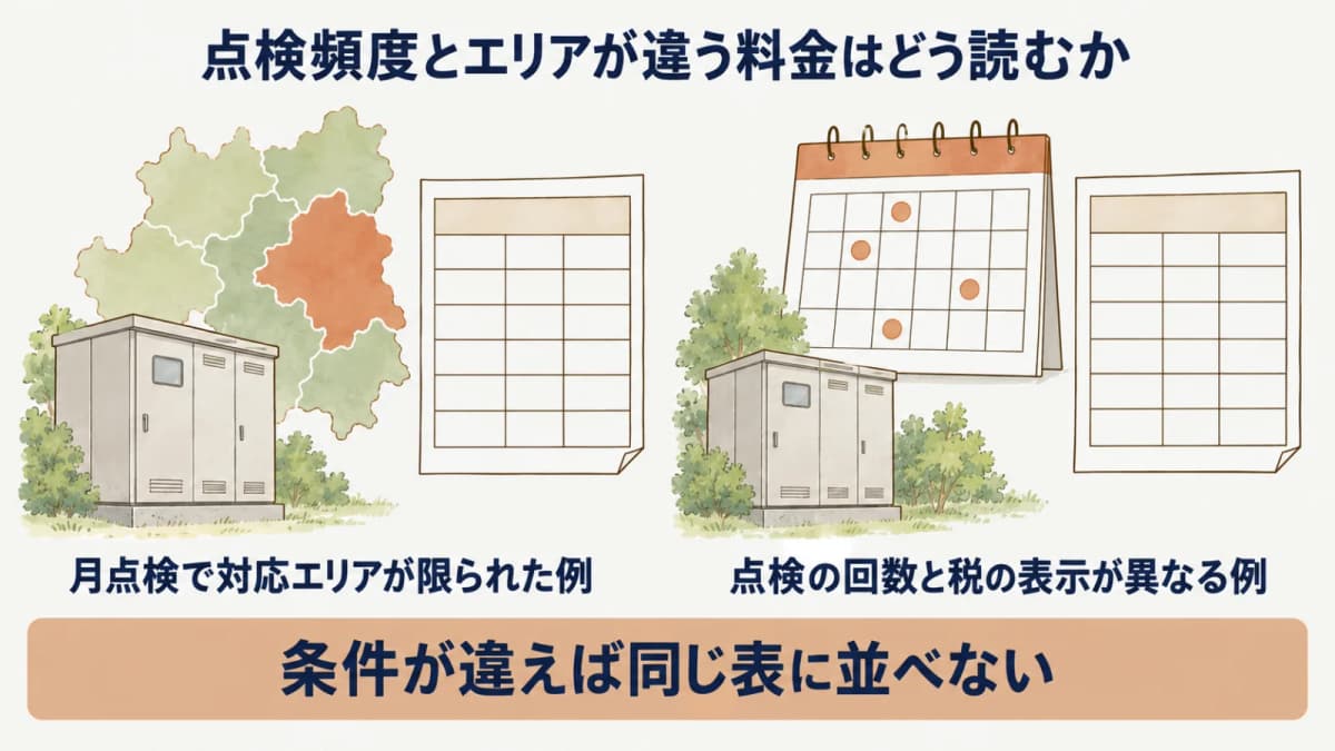 点検頻度とエリアが違う料金はどう読むか:月点検で対応エリアが限られた例、点検の回数と税の表示が異なる例