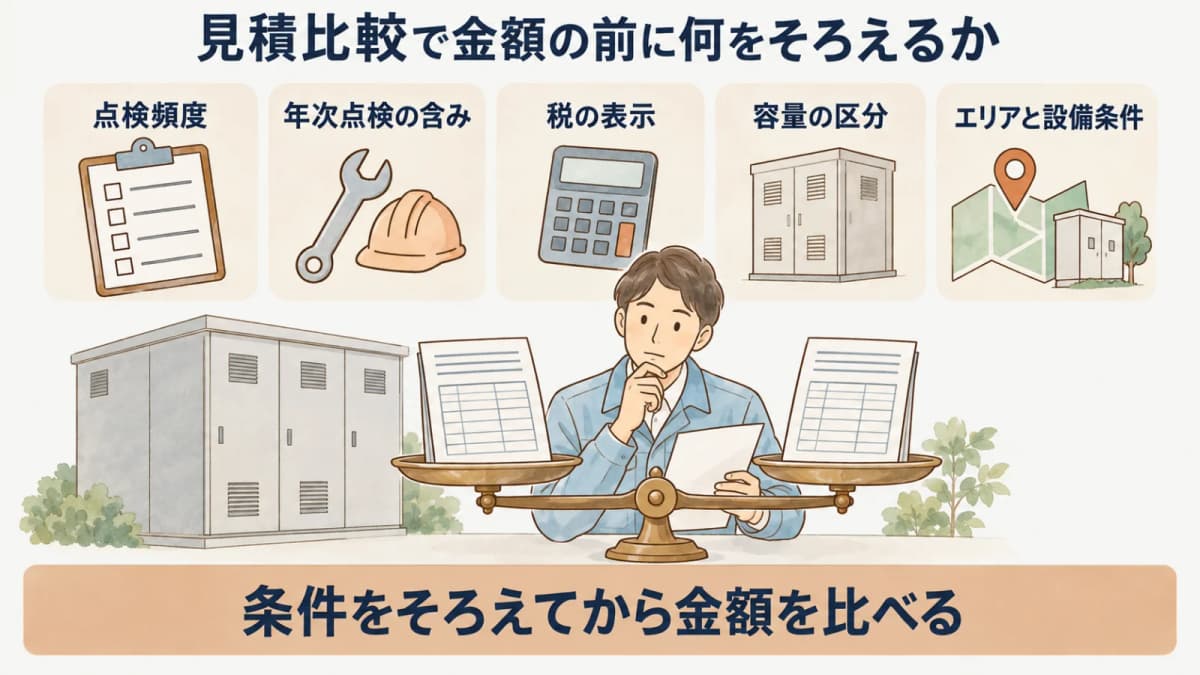 見積比較で金額の前に何をそろえるか:点検頻度、年次点検の含み、税の表示、容量の区分、エリアと設備条件
