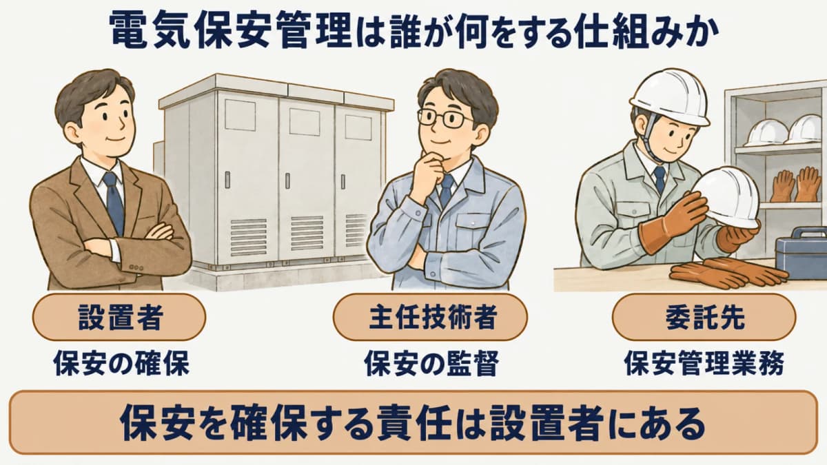 電気保安管理は誰が何をする仕組みか:設置者、主任技術者、委託先、保安の確保、保安の監督、保安管理業務