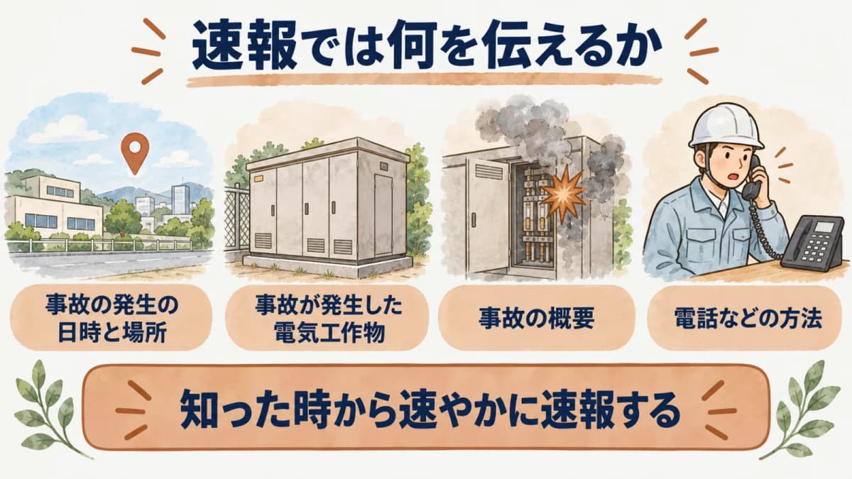 速報では何を伝えるか:事故の発生の日時と場所、事故が発生した電気工作物、事故の概要、電話などの方法
