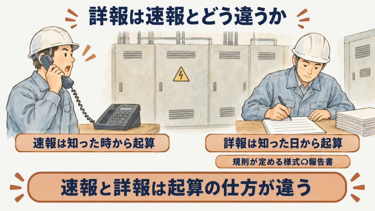 詳報は速報とどう違うか:速報は知った時から起算、詳報は知った日から起算、規則が定める様式の報告書