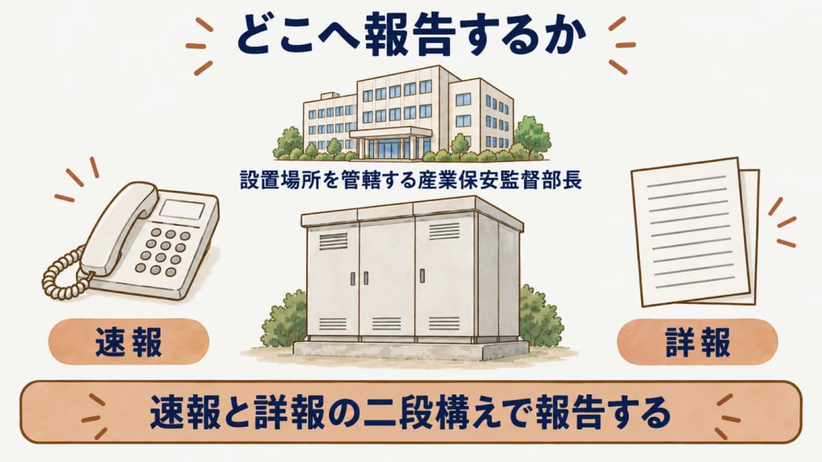 どこへ報告するか:設置場所を管轄する産業保安監督部長、速報、詳報