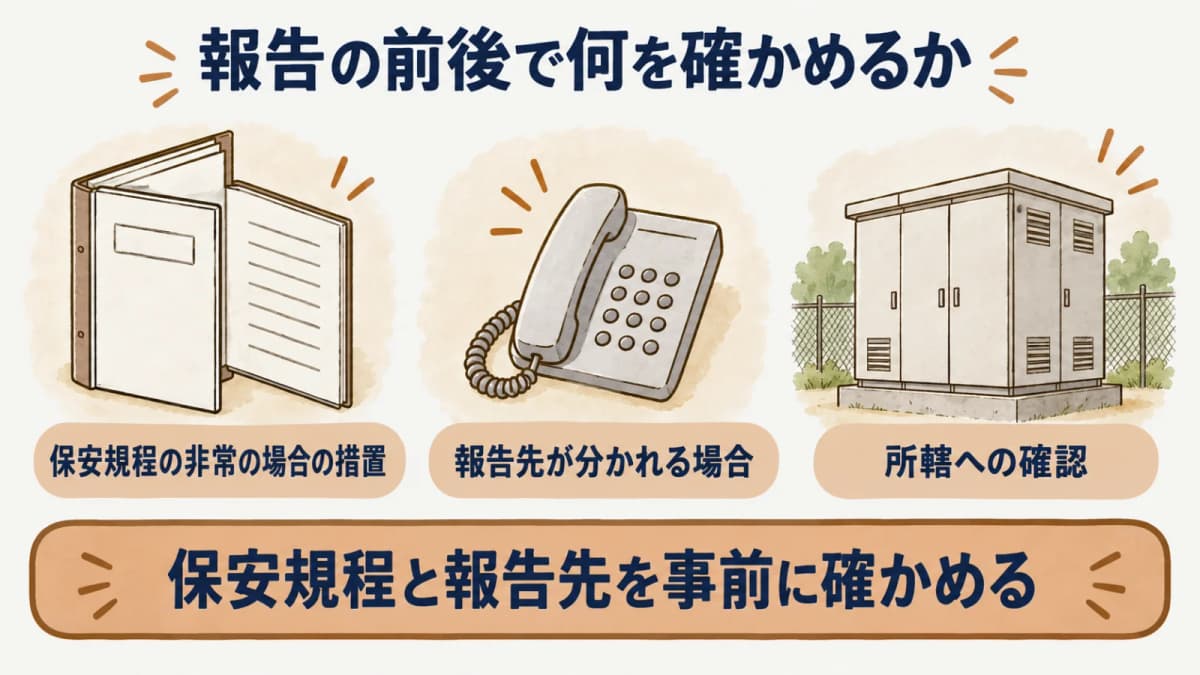 報告の前後で何を確かめるか:保安規程の非常の場合の措置、報告先が分かれる場合、所轄への確認