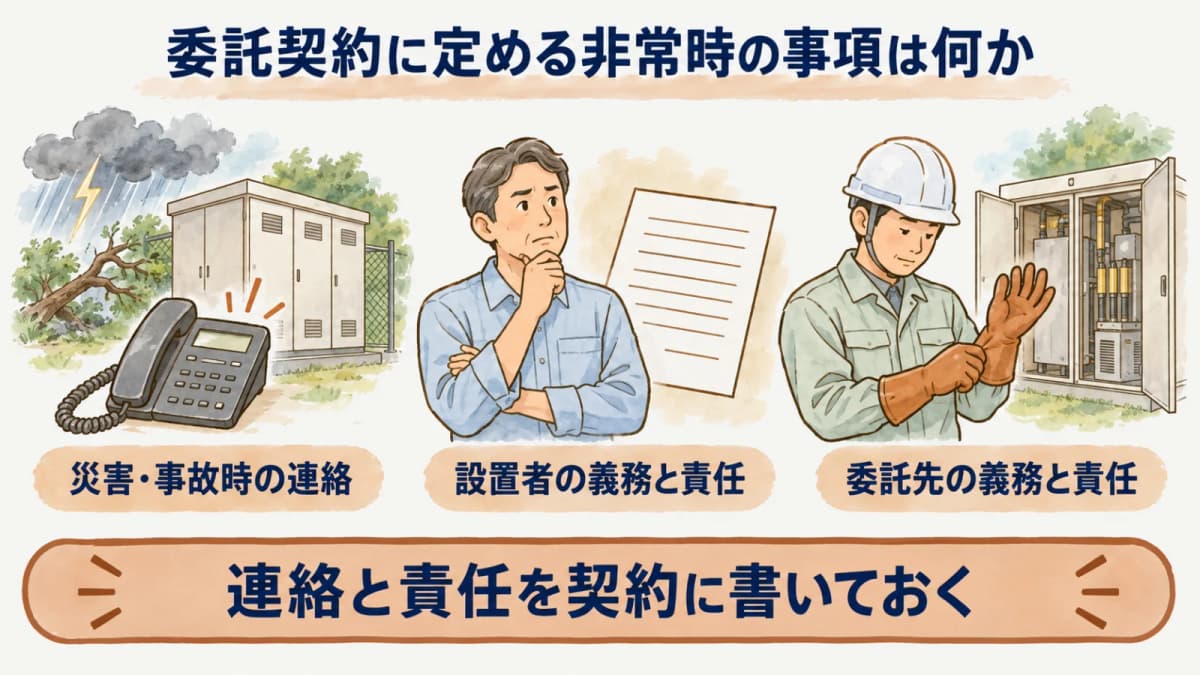 委託契約に定める非常時の事項は何か:災害・事故時の連絡、設置者の義務と責任、委託先の義務と責任