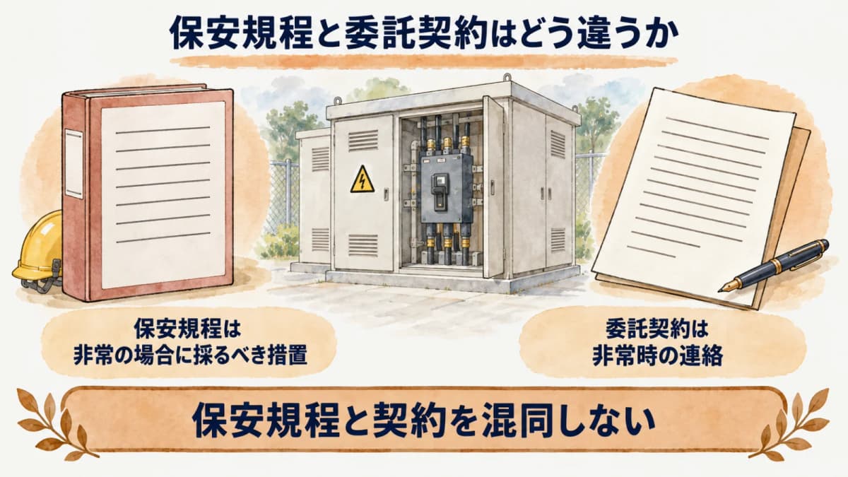 保安規程と委託契約はどう違うか:保安規程は非常の場合に採るべき措置、委託契約は非常時の連絡
