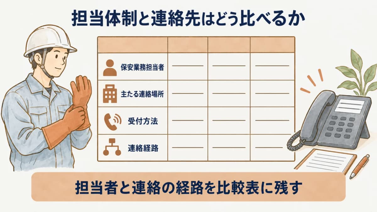 担当体制と連絡先はどう比べるか:保安業務担当者、主たる連絡場所、受付方法、連絡経路