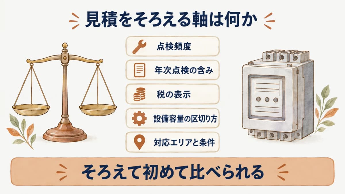 見積をそろえる軸は何か:点検頻度、年次点検の含み、税の表示、設備容量の区切り方、対応エリアと条件
