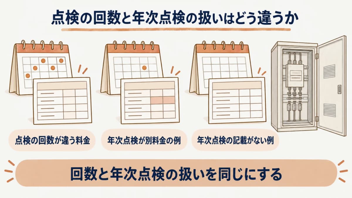 点検の回数と年次点検の扱いはどう違うか:点検の回数が違う料金、年次点検が別料金の例、年次点検の記載がない例