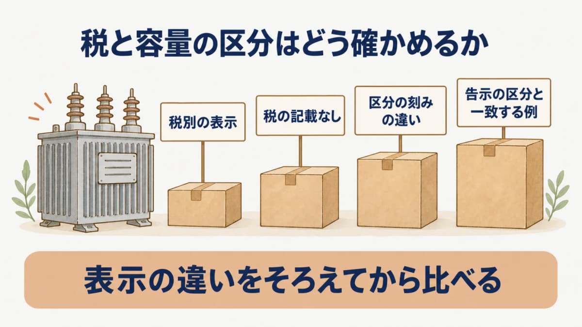 税と容量の区分はどう確かめるか:税別の表示、税の記載なし、区分の刻みの違い、告示の区分と一致する例