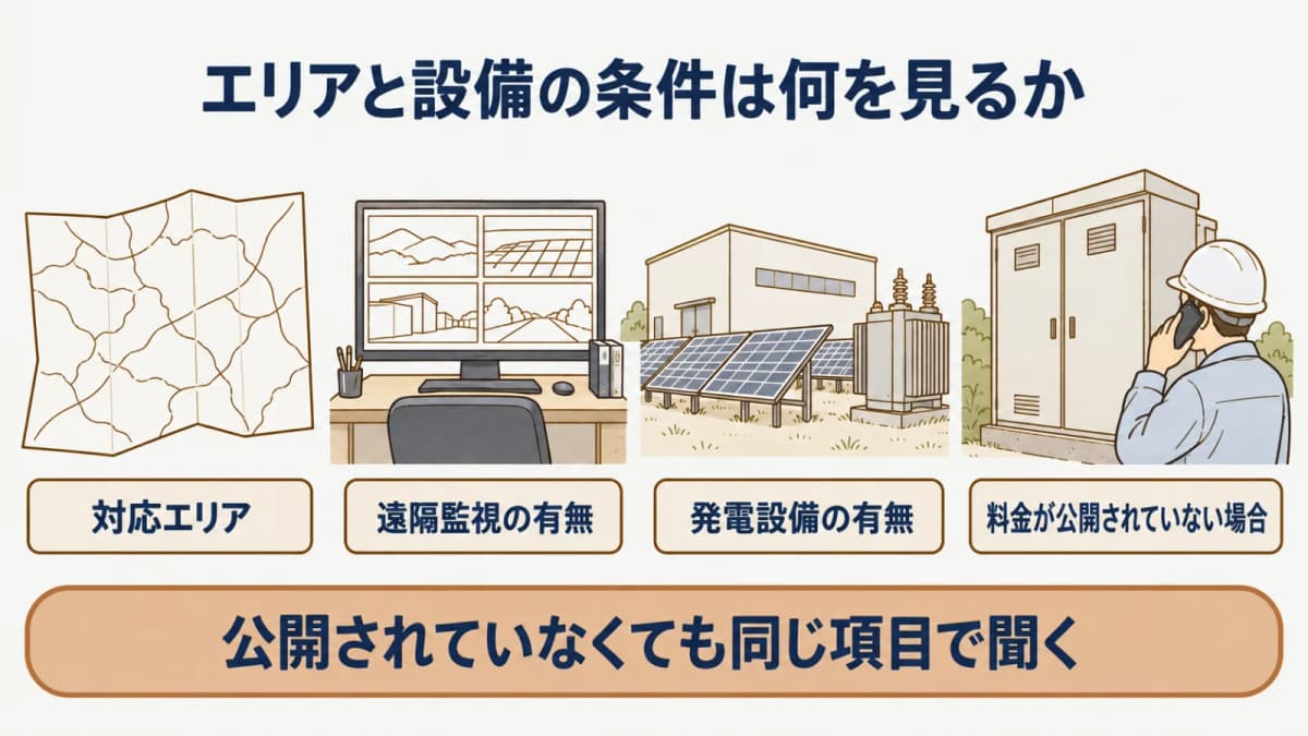 エリアと設備の条件は何を見るか:対応エリア、遠隔監視の有無、発電設備の有無、料金が公開されていない場合
