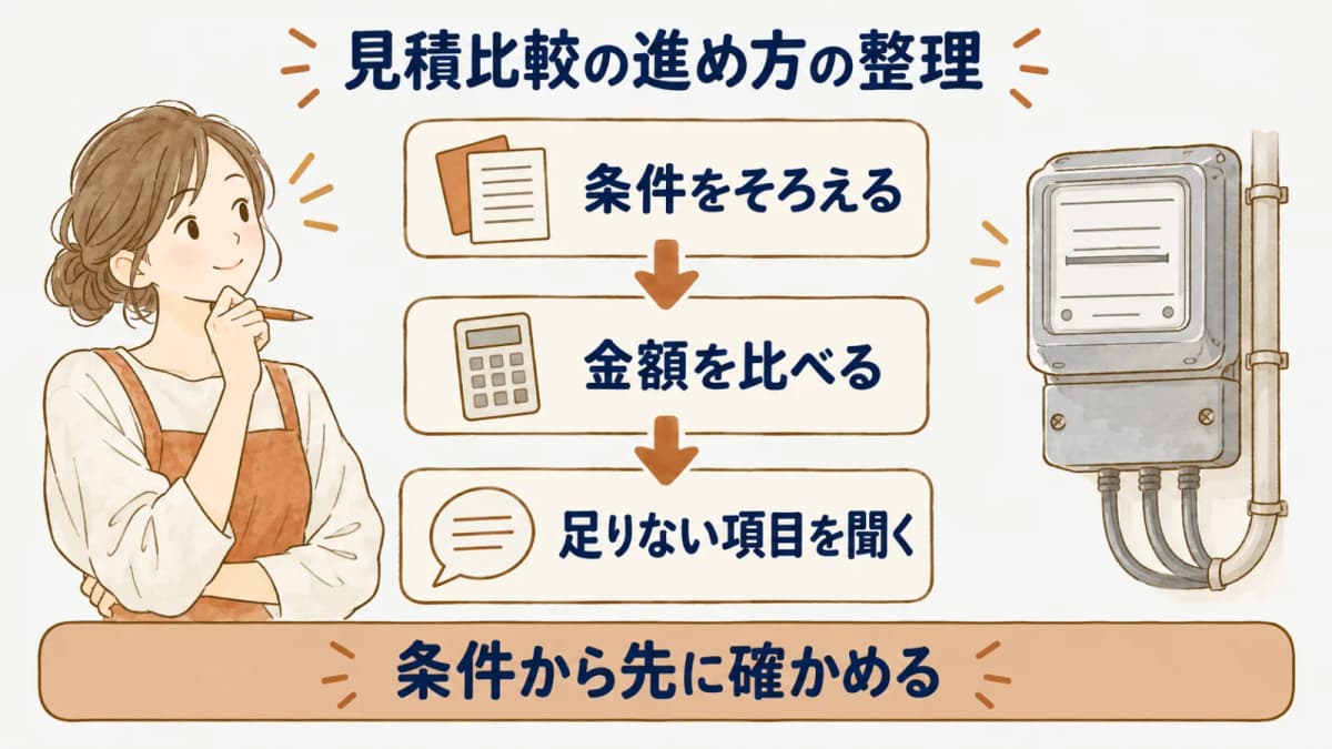 見積比較の進め方の整理:条件をそろえる、金額を比べる、足りない項目を聞く