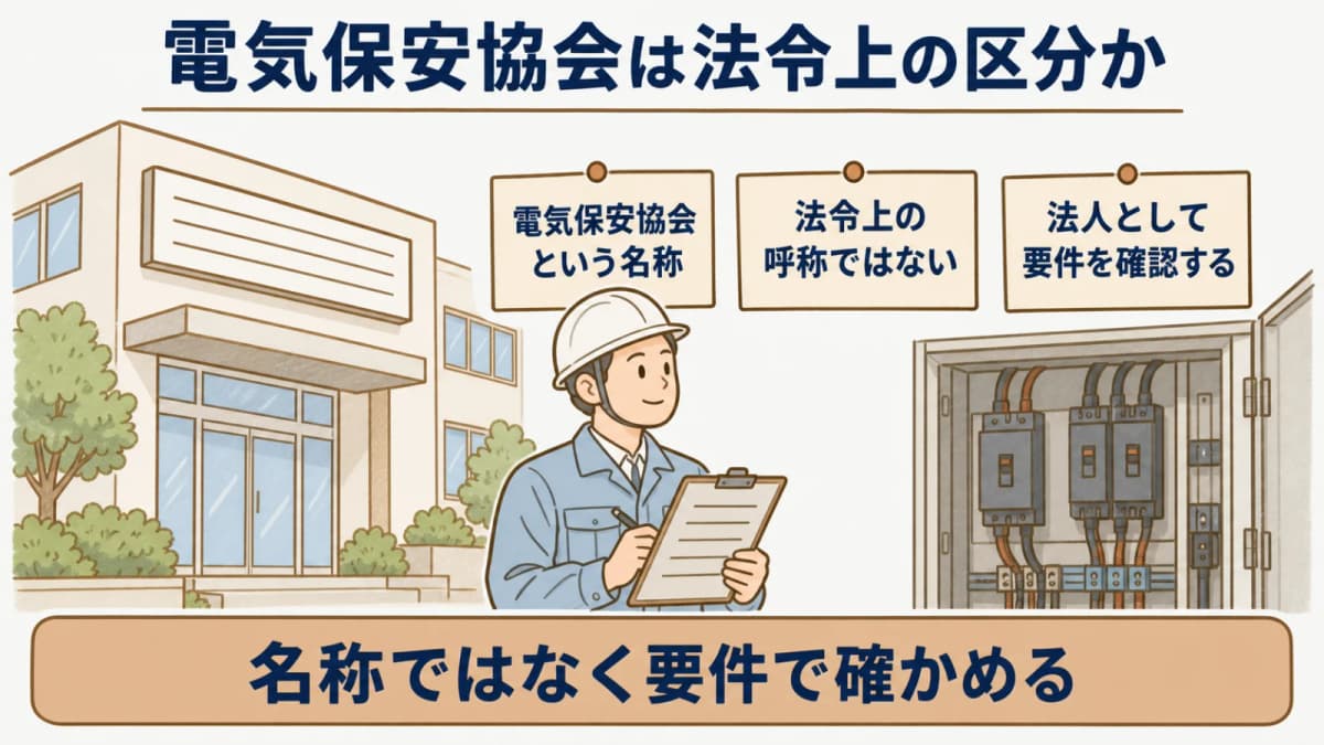 電気保安協会は法令上の区分か:電気保安協会という名称、法令上の呼称ではない、法人として要件を確認する