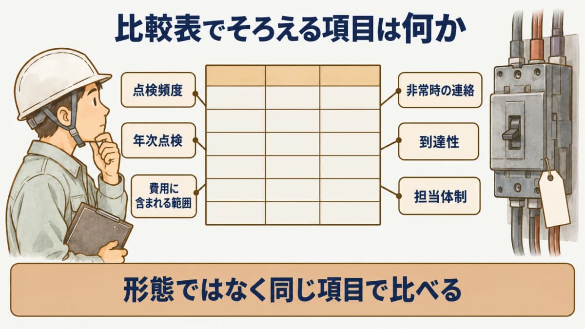 比較表でそろえる項目は何か:点検頻度、年次点検、費用に含まれる範囲、非常時の連絡、到達性、担当体制