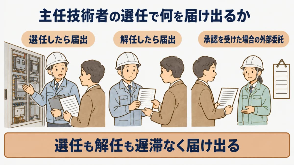 主任技術者の選任で何を届け出るか:選任したら届出、解任したら届出、承認を受けた場合の外部委託