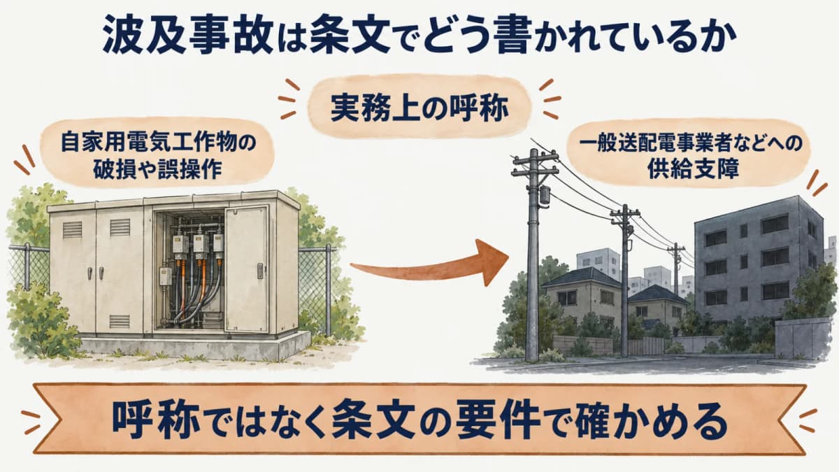 波及事故は条文でどう書かれているか:自家用電気工作物の破損や誤操作、一般送配電事業者などへの供給支障、実務上の呼称