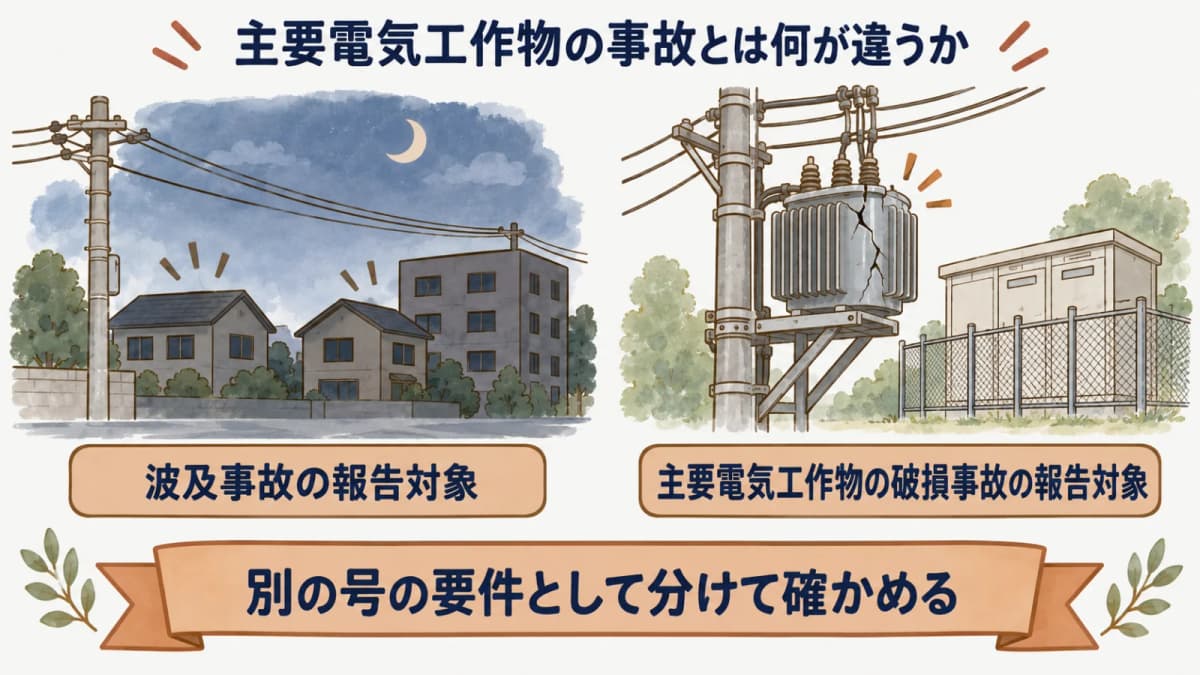 主要電気工作物の事故とは何が違うか:波及事故の報告対象、主要電気工作物の破損事故の報告対象