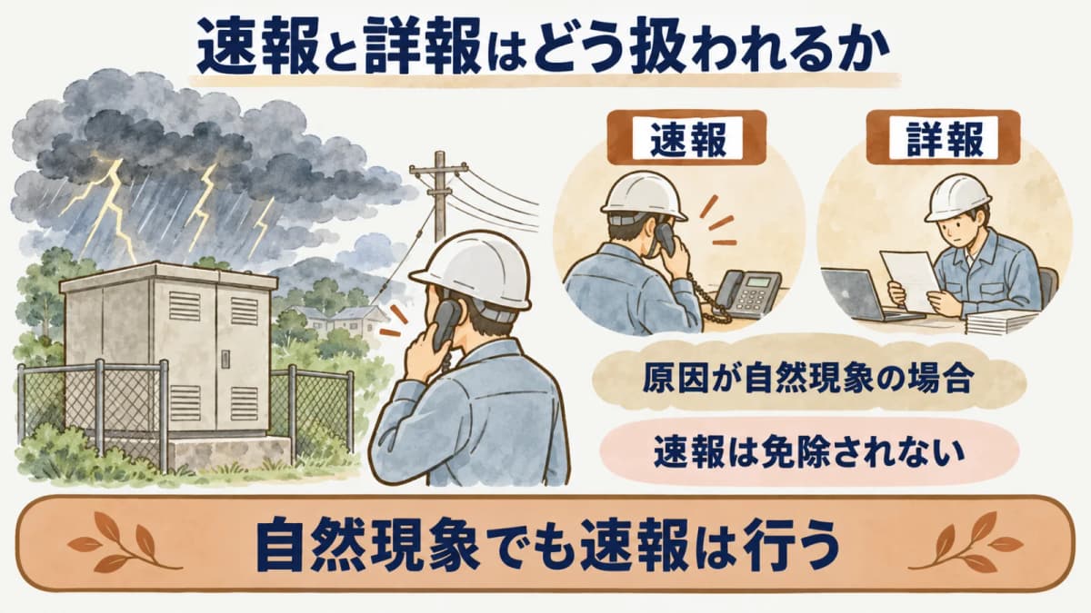 速報と詳報はどう扱われるか:速報、詳報、原因が自然現象の場合、速報は免除されない